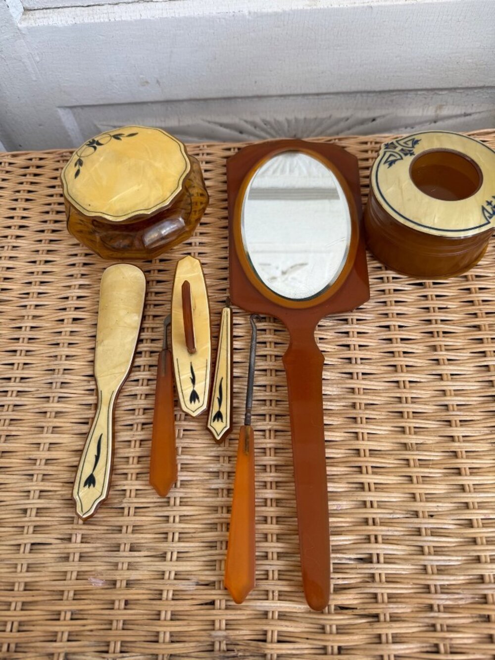 Antique 20's Art Deco Vanity Set Amber Celluloid Glass Jar/Mirror, Shoe Hooks - Picture 2 of 16